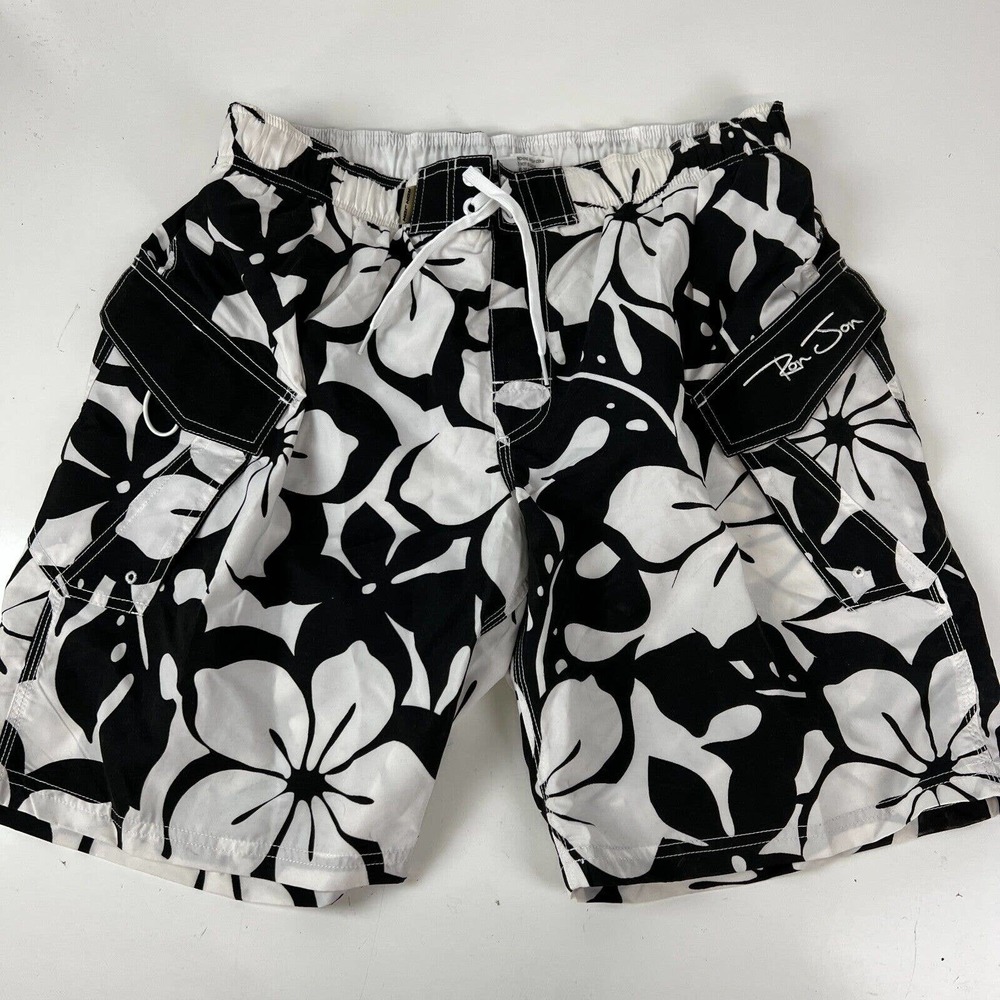 Ron Jon men's surf shop swim trunks board shorts black and white floral‎ size XL